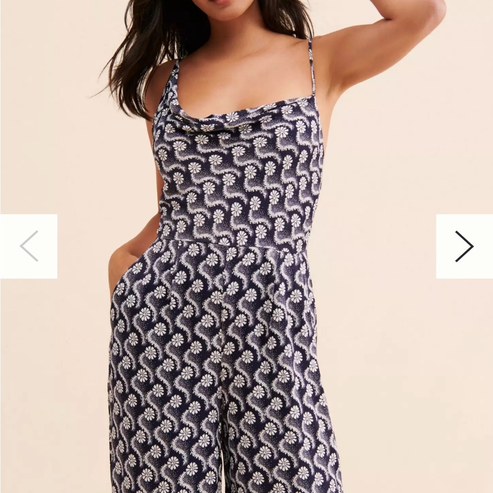 Anthropologie Navy and White Floral Jumpsuit - Size 12 Tall